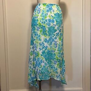 Blue and Green Floral Asymmetric Y2K Midi Skirt